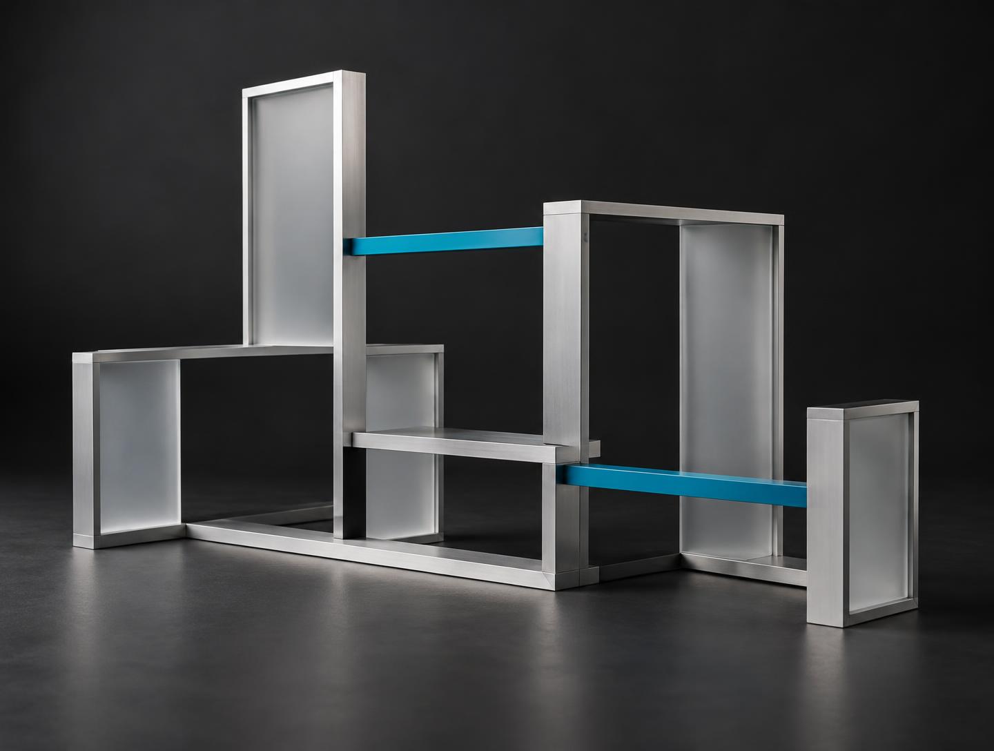 Original architectural study of silver frames linked by blue beams, representing intelligent workflows